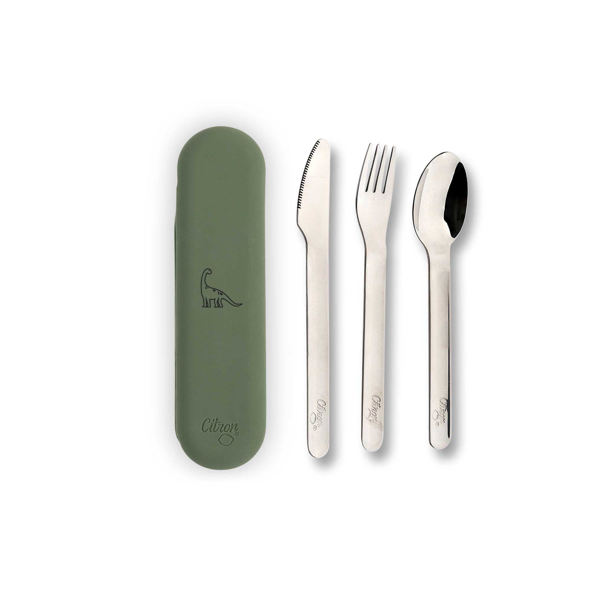 Stainless Steel Cutlery Set + Case - Dino Green